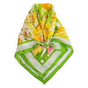 Vintage 70s Avon Y2K Retro Mod Scarf Bright Yellow Flower Green Border Signed